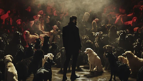 Man in dark coat surrounded by large crowd of dogs.