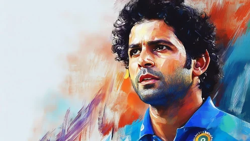 Intense cricketer portrait in vivid digital brushwork.
