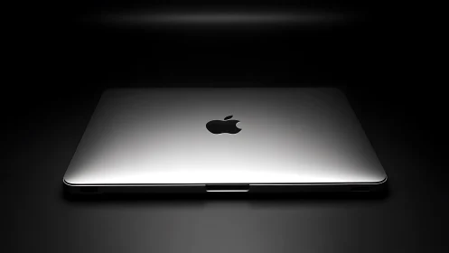 Closed silver laptop glows subtly against deep black background
