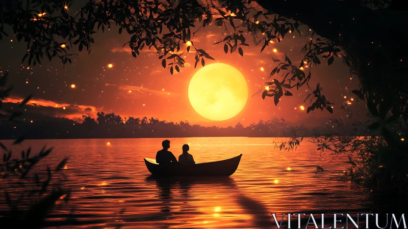 Silhouetted Couple in Boat at Golden Sunset Over Water.