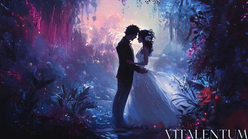 Lovers Locked in Otherworldly Glow Beneath Neon Flora