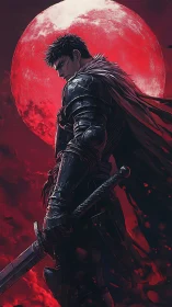 Lone dark swordsman beneath a blazing red moonlit sky.