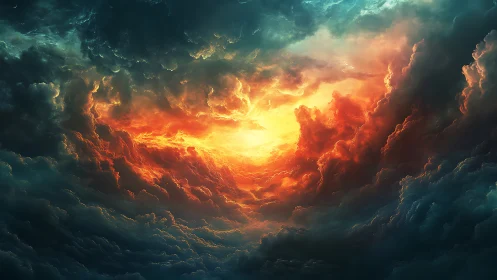 Fiery orange storm clouds form bright opening in dark sky