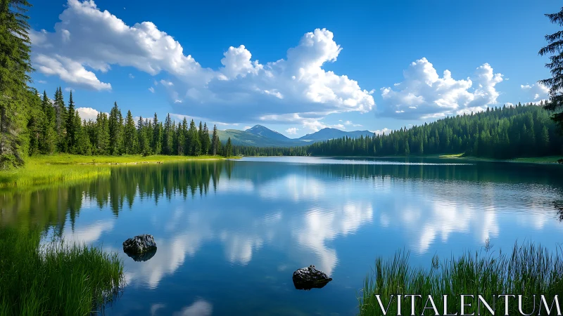 Sunlit mountain lake wrapped in whispering evergreen forest.