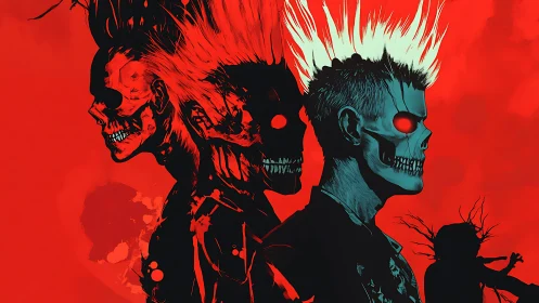 Flaming skull triptych in stark crimson horror tableau.