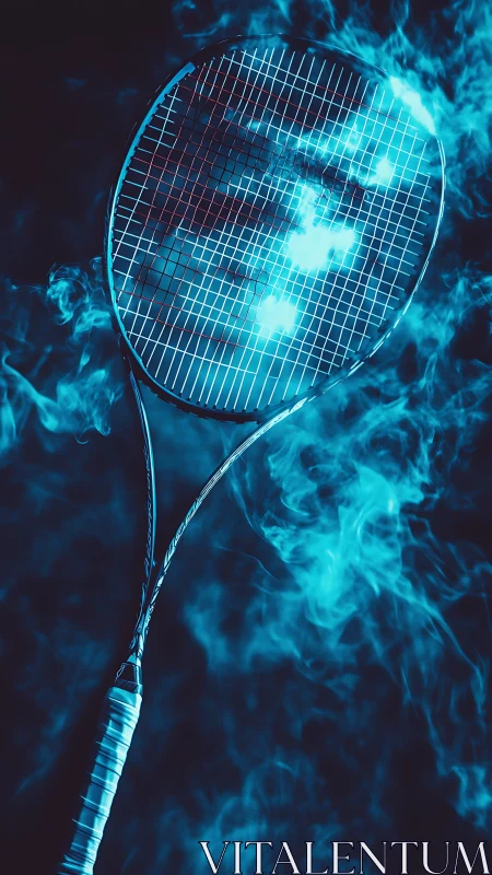 Electric blue tennis racket immersed in dynamic vapor glow