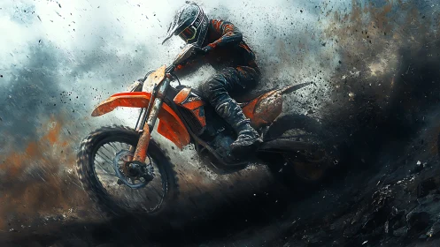 Dynamic digital painting of a motocross rider in storming debris.