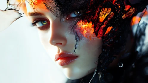 Enchanted gaze beneath glowing lace and soft burning embers.