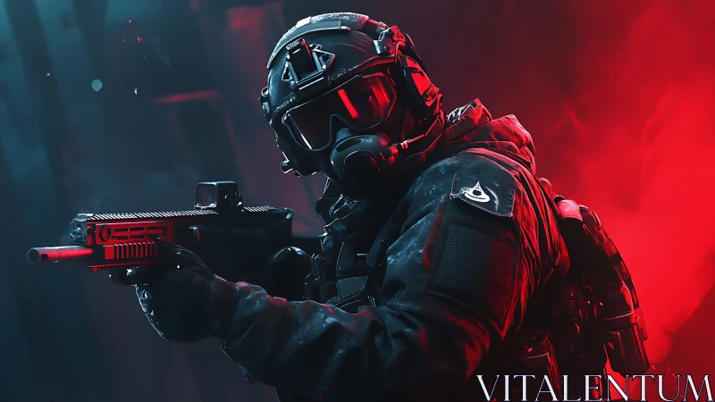 Tactical operator in red teal lighting with compact rifle.