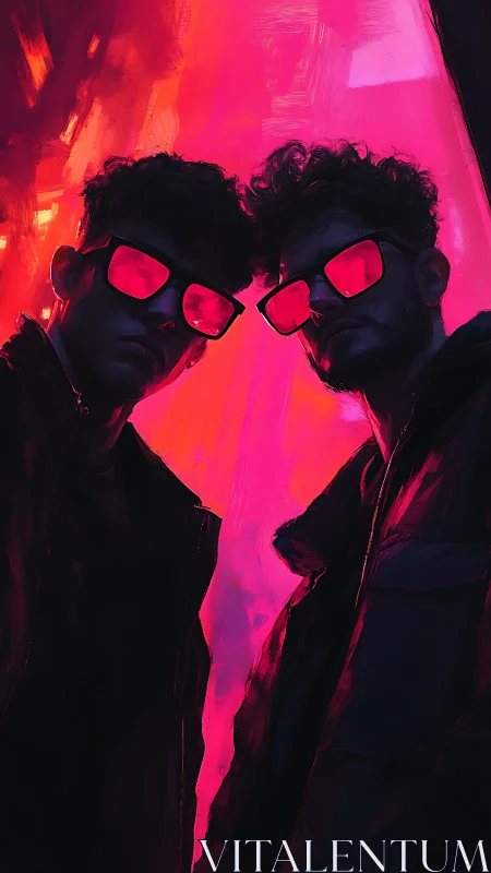 Neon-lit dual portraits with reflective red lenses and jackets