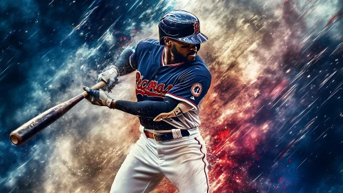 Electric swing in a cosmic storm of baseball color and motion.
