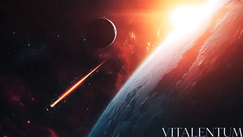 Digital painting of fiery orbital sunrise with descending meteor.