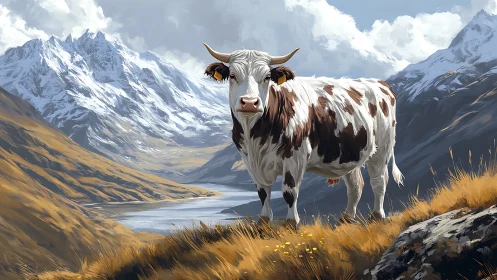 Gentle mountain cow enjoys a peaceful highland valley view