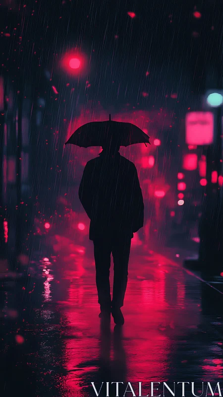 Night wanderer walks through neon rain with quiet grace
