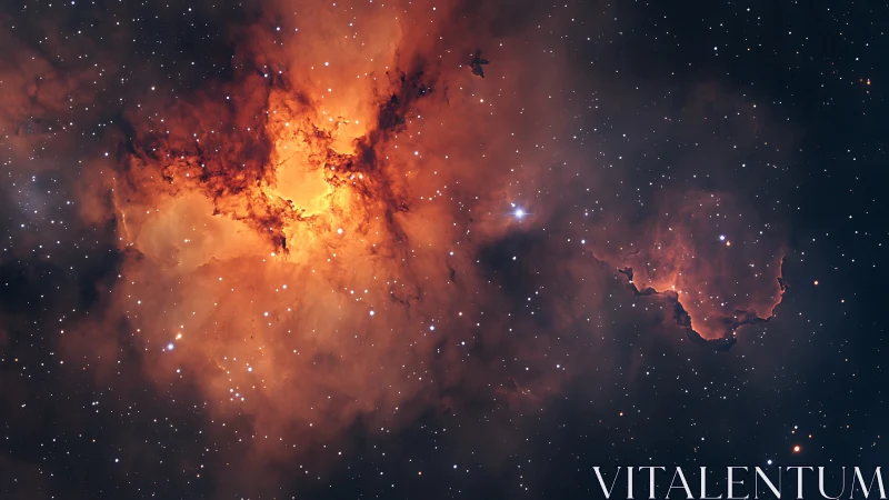 Fiery orange emission nebula cloud framed by star field.