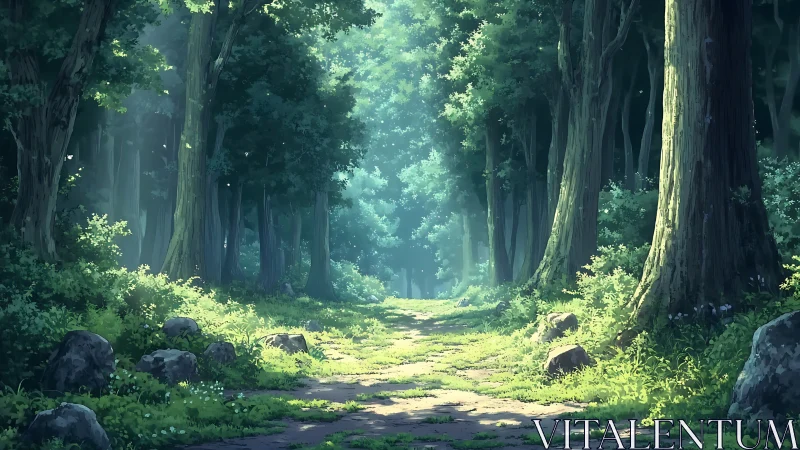 Ancient Forest Path Through Towering Trees.