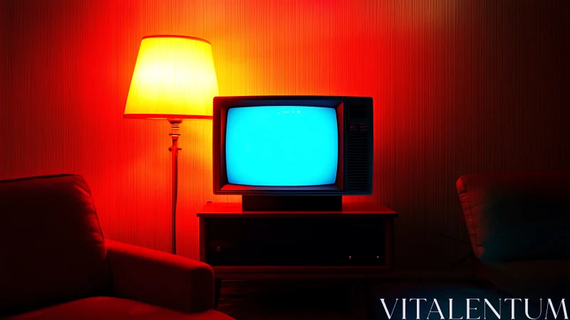 Retro CRT television glows in saturated red-blue light.