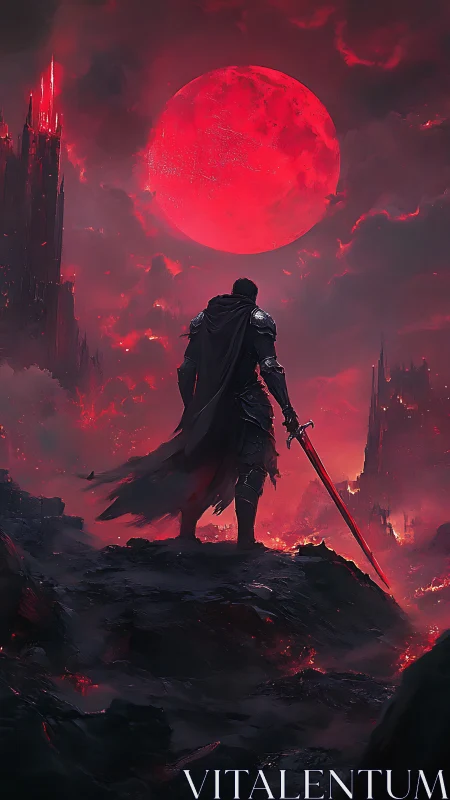 Lone dark knight confronts burning realm under blood moon
