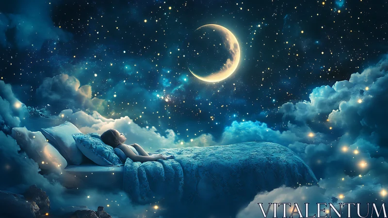 Dreamer resting on floating bed beneath crescent moon.