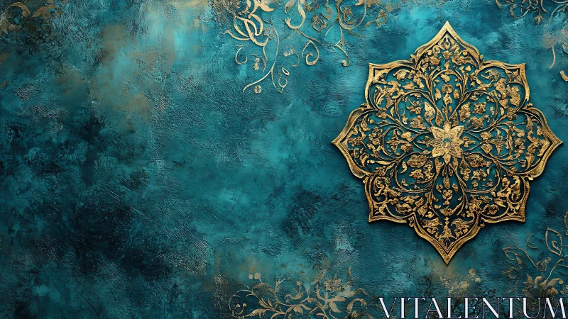 Ornate gold mandala on textured teal patina background.