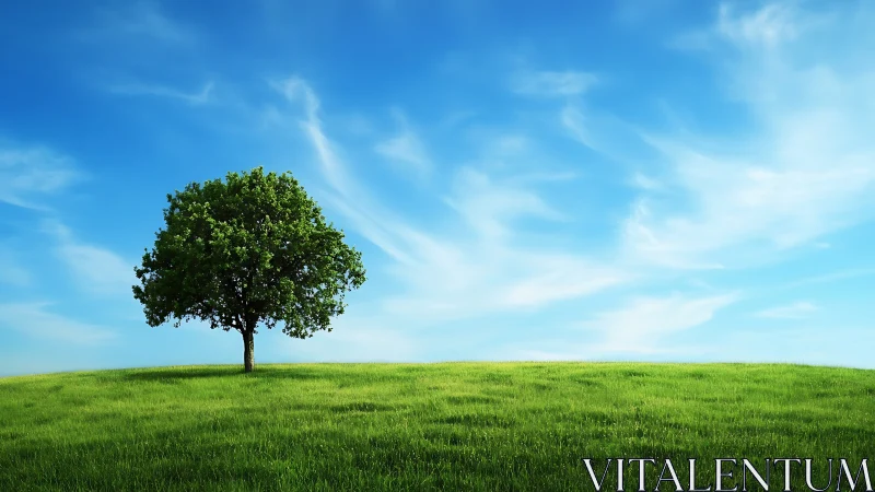 Lone tree on green hill under blue sky, tranquil landscape photo.