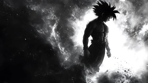 Monochrome anime warrior in high-contrast nebular eruption.