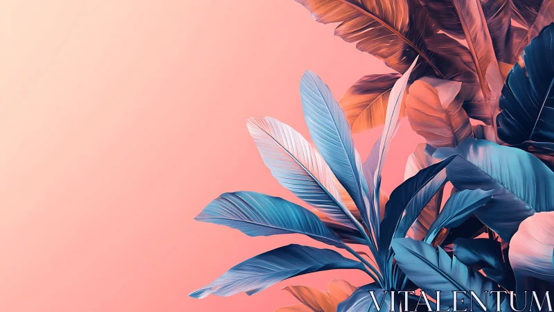 Dreamy tropical leaves in soft coral and cool teal glow.