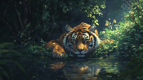 Tiger rests half-submerged in shaded jungle pool