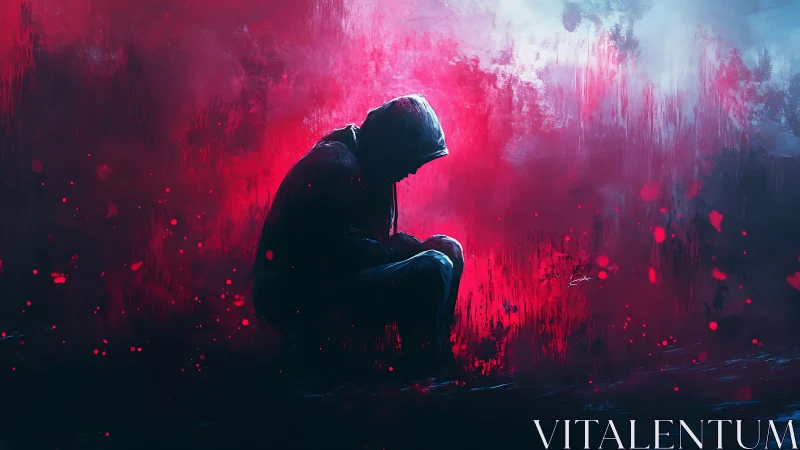 Hooded figure in crimson mist, solitary digital reverie.