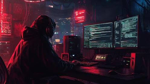 Hooded hacker writes code in neon cyberpunk workstation