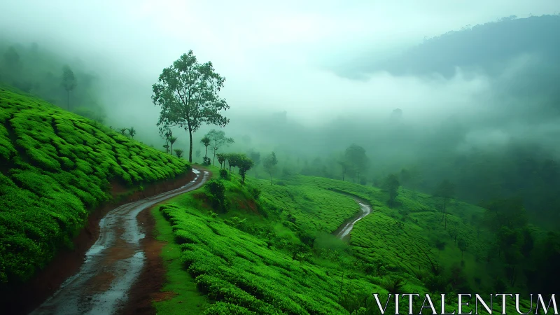 Mist drifts over lush green hills as a gentle dirt road winds