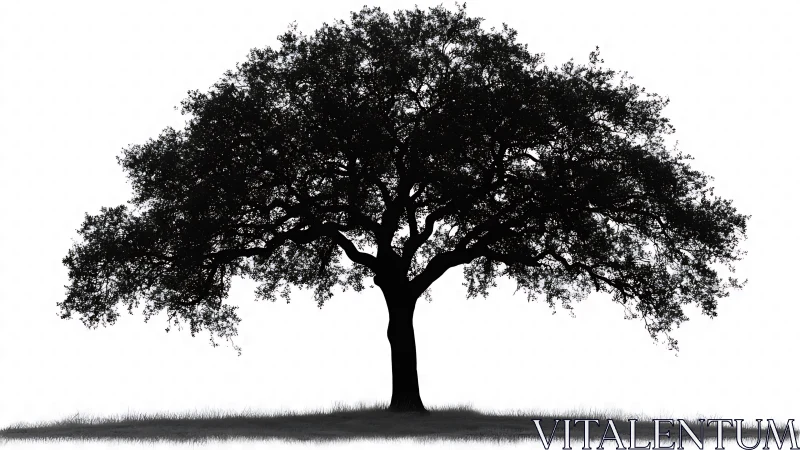 Majestic oak tree silhouette spreads branches in quiet field.