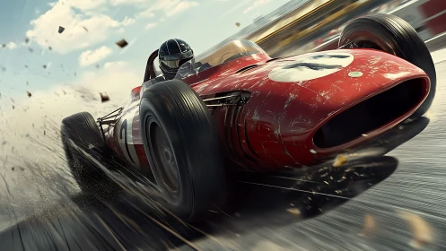 Red vintage race car powers through fast cornering action.