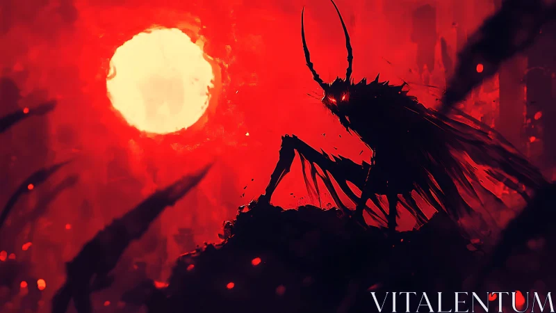 Horned shadow strides beneath a furious crimson sun