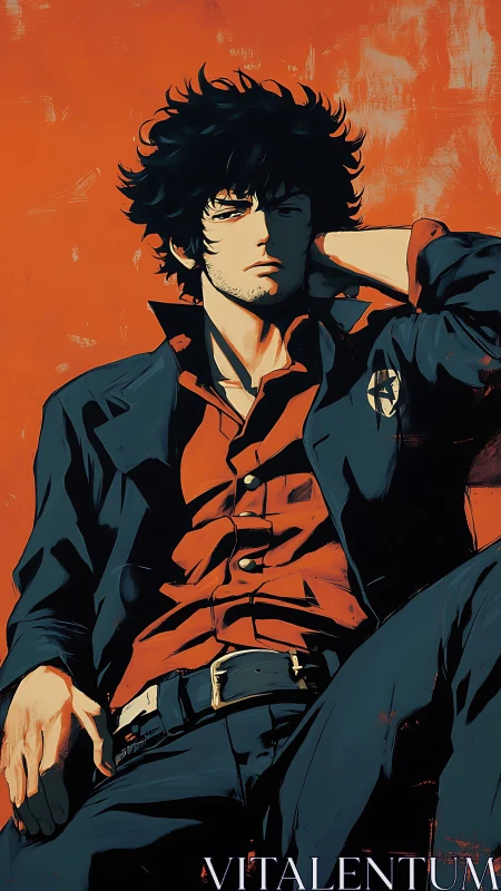 Angular cel-shaded portrait of lounging noir protagonist.