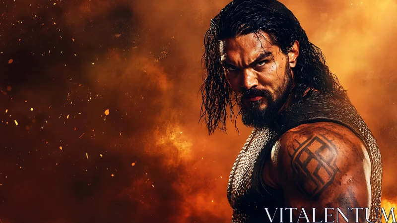 Warrior stands in blazing embers with fierce, unyielding stare