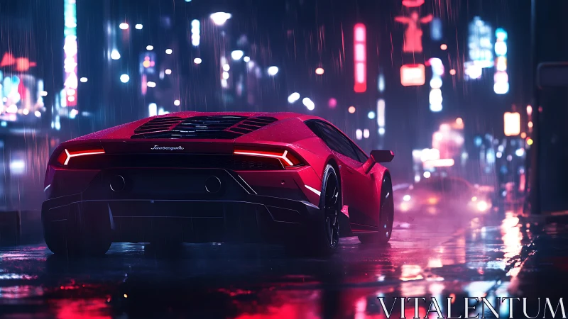 Neon drenched supercar idling on slick cyberpunk avenue.