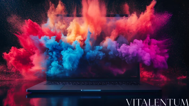 Vibrant clouds of color burst playfully from a glowing laptop