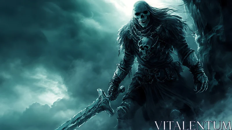 Stormlit skeletal warrior strides through misty twilight.