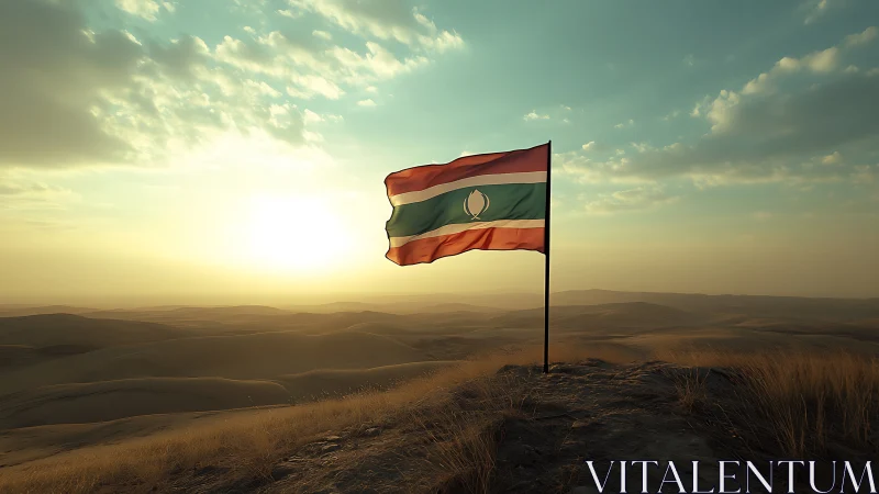 Desert crest flag rippling at sunset on windswept ridge.