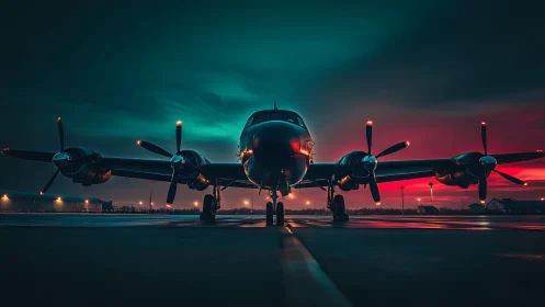 Four engine propeller aircraft stands on runway at night