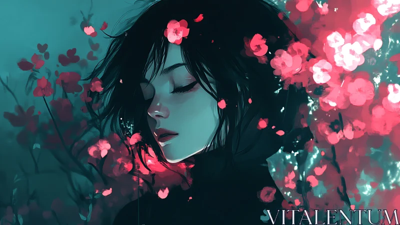 Midnight reverie amid glowing crimson blossoms in bloom.