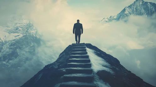 Solitary figure on stone steps above misty peaks.