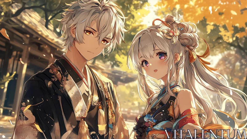 Anime couple in ornate kimonos under autumn light.