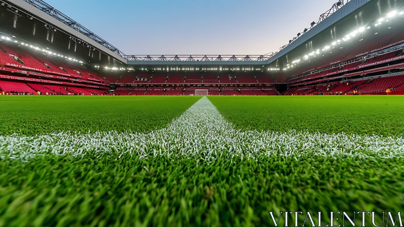 Football stadium pitch with central white line at dusk.
