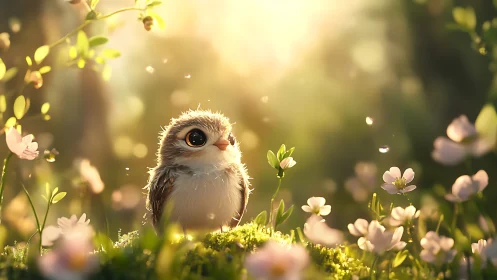 Adorable Baby Bird in Sunlit Meadow, Whimsical Art Style.