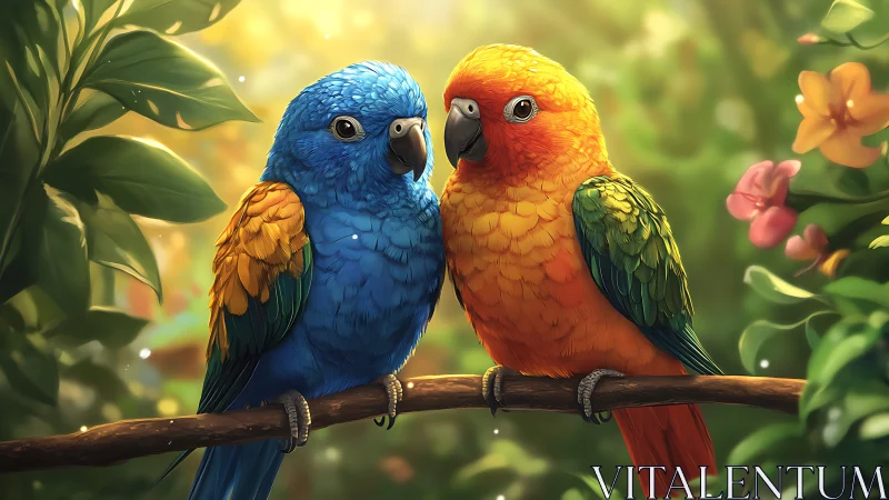 Two Colorful Parrots on Branch in Sunlit Garden, Digital Art Style.