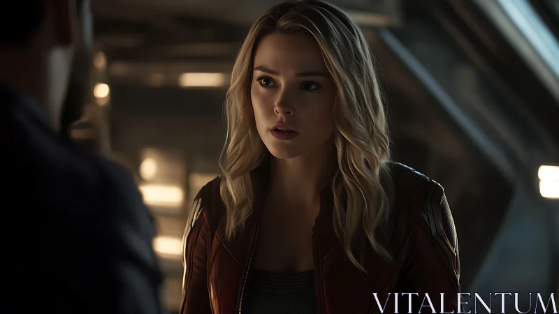 Cinematic sci fi portrait of blonde woman in leather jacket