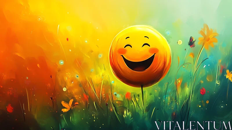 Sunlit smiley bloom laughing in a neon wildflower meadow.