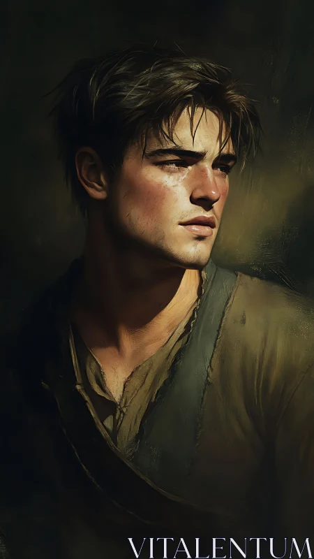 Young man portrait turns in profile under dramatic light